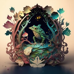the frog prince Fairy tale paper cut story, style on colors, generative by AI