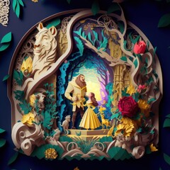 Beauty and the Beast Fairy tale paper cut story, style on colors, generative by AI