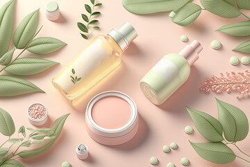 Obraz na płótnie Canvas 3d rendering of cosmetic bottles, perfect for branding mockup or blank package for skin care product. Pink background with leaves and plants. Generative AI.