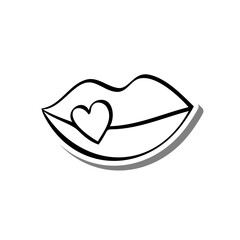Doodle Line Lip with Heart on white silhouette and gray shadow. Vector illustration for decoration or any design.