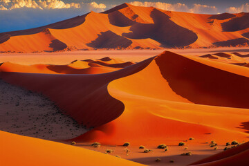 Fototapeta na wymiar Namibia's Namib Naukluft National Park has a stunning scene of orange sand dunes and orange sand in the namib desert near Sossusvlei. Generative AI