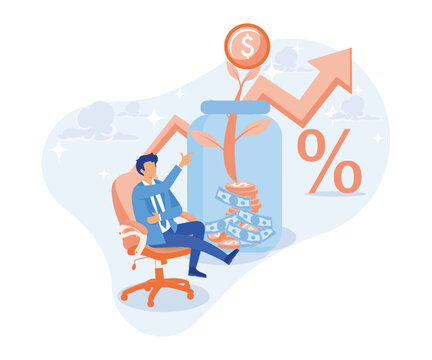 Passive income illustration. Characters enjoying financial freedom and independence. Successfully and free of debts people planning budget.flat vector illustration