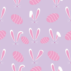 Many bunny ears and Easter eggs on lilac background. Pattern for design