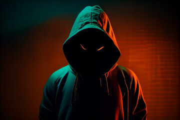 Ghost hacker criminal scary hood anonymous creepy devil danger silhouette shadow black face fear horror night character symbol identity hooligan unknow happy halloween cyber copy space . Generative AI