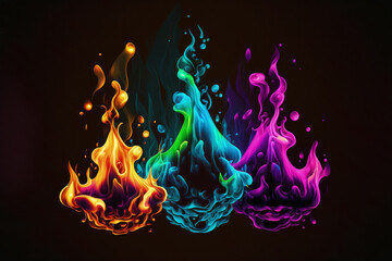 Abstract coloured mix flames isolated on black background. Realistic chemical fire blasts. Generative AI