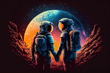 Astronaut couple holding each others hands on space. Digital art style. Generative AI illustration