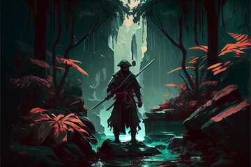 A ninja standing in waterfall garden with sword. Digital art style. Generative AI illustration