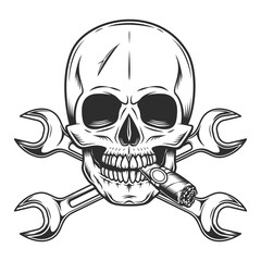 Vintage skull smoking cigar or cigarette smoke with body shop service car and truck mechanic repair tool crossed wrench or construction for gas and builder plumbing pipe spanner illustration