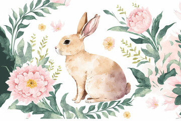 Hare, rabbit, spring flowers, and leaves are all featured in a watercolor seamless design. Easter rabbit silhouette with pink flower buds and leaves. nature and bohemian style. Generative AI