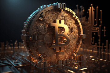 Bitcoin 3D Golden Coin and Blockchain Vector Images with Crypto and Digital Currency. Three Dimensional Bitcoins and Bitcoin Blocks with Depth and High Shine.