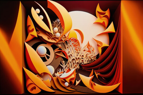 A vibrant abstract painting including orange crepe, lights, and shadows. Generative AI