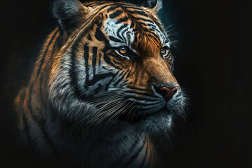 Fototapeta premium Tiger portrait with a dark background. Generative AI