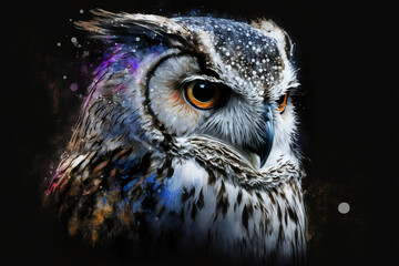 Winter owl. Dark backdrop with a colored, graphic portrait of an owl. electronic illustration. Generative AI