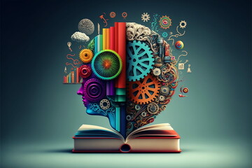 Lern Konzept mit Buch, Gehirn,Glühbirne und vielen Ideen. Bildung und Lernen. 
