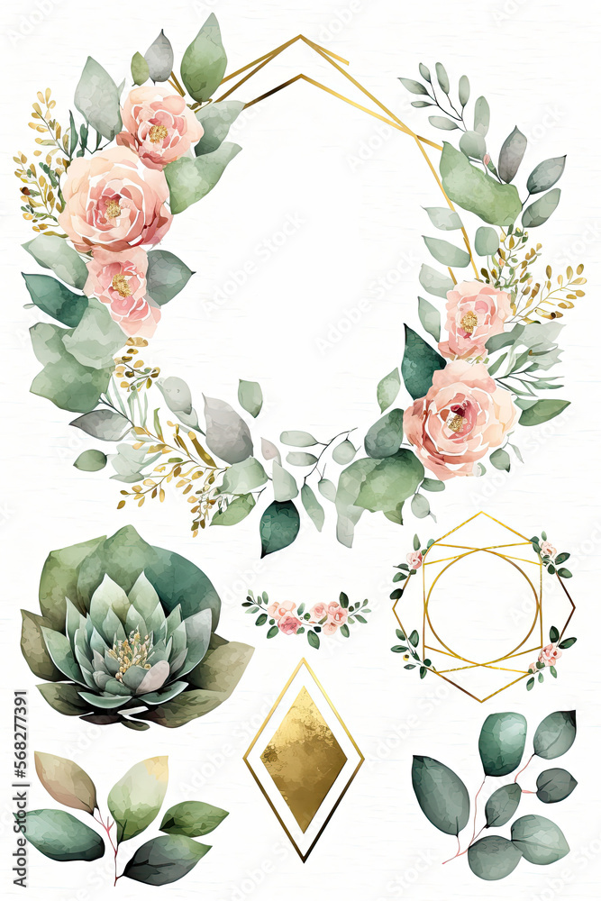 Wall mural Watercolor floral frame wreath flowers, leaves branches gold geometric shape, for wedding invites, Eucalyptus, pink roses, green leaves, AI assisted finalized in Photoshop by me - Wall murals