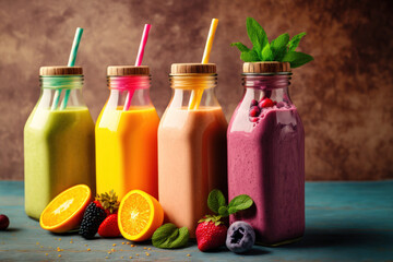 Fototapeta na wymiar glass bottles holding a variety of fruit smoothies. Ingredients for a fresh, organic smoothie. Smoothies as a nutritious or detoxifying food idea. Generative AI