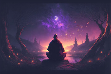 Buddhist monk meditating under star night sky . Energy and power of meditation concept. Peculiar AI generative image. - obrazy, fototapety, plakaty