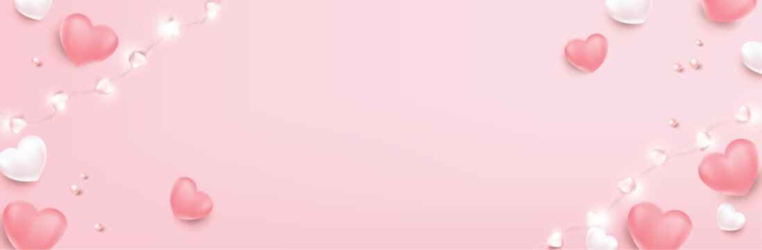 Valentine's, Mother's or Women's Day greeting card, banner or poster template. Holidays background with festive heart shaped decorations and empty background.