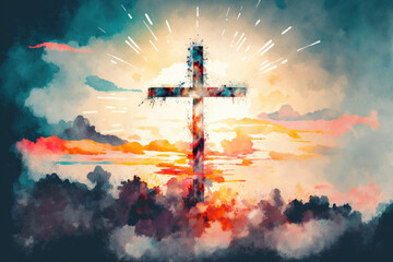 blurry abstract background Painting in watercolor depicting a conceptual cross or other religious symbol over a sky at sunset with clouds as God. illustration. Generative AI