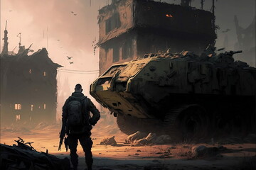 Krieg, Kriegszone, Soldat mit Waffen und Panzer. Weltfrieden statt Krieg.
