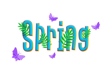 Obraz premium Spring floral 3d text with butterfly cutout