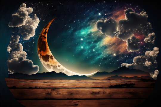 backgrounds night sky with stars and moon and clouds. wood. Elements of this image furnished by NASA. Generative AI