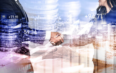 Business handshake on finance prosperity and money technology asset background . Economy and...