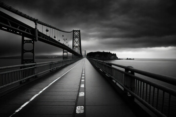 A long bridge in grayscale on a dismal day. Generative AI