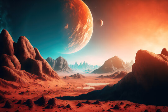 For space exploration and science fiction backgrounds, imagine a red planet with a desolate terrain, rocky hills and mountains, and a massive moon that resembles Mars at the horizon. This image's comp