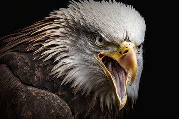 Fototapeta premium Black background with a furious North American bald eagle. Generative AI