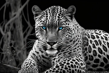 Fototapeta premium Blue eyes and a black and white jaguar. Generative AI