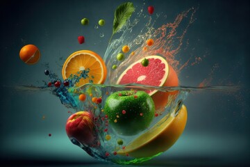 Abstract 3d rendered Fruit Mix Splash with High Speed Camera Effect. Healthy Lifestyle Raw Vegan Vegetarian Concept Graphic Design. Ai generative illustration 