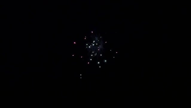 Explosion of bright colorful part of fireworks on black background to create a set salute on video for holiday new year, birthday, wedding or other celebration.