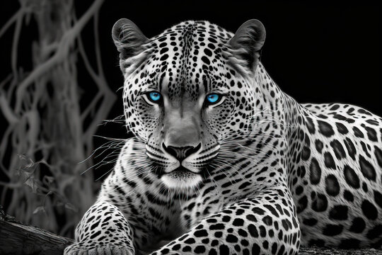 Blue eyes and a black and white jaguar. Generative AI
