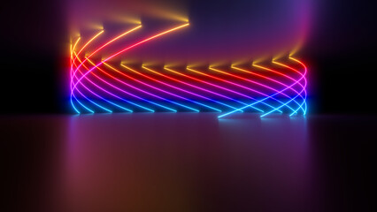 Sci Fy neon glowing wave lines in a dark hall. Reflections on the floor and ceiling. 3d rendering image. Abstract glowing lines. Techology futuristic background.