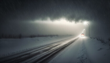 Winter Snow Storm Car Traveling with Headlights On ~ Created using Generative AI