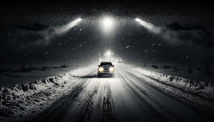 Fototapeta na wymiar Winter Snow Storm Car Traveling with Headlights On ~ Created using Generative AI