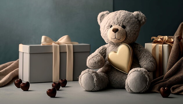 Romantic images for Valentine's Day with bears, chocolates, roses, hearts. Generated by AI.