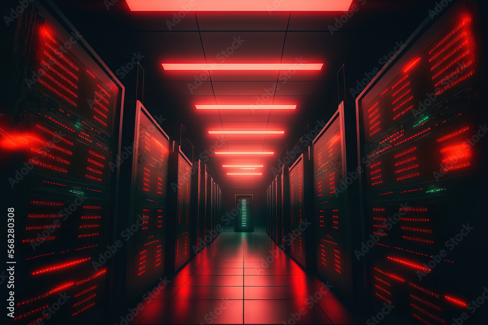 Poster panoramic view of a busy data center with rows of rack servers. computers are operating, and red eme