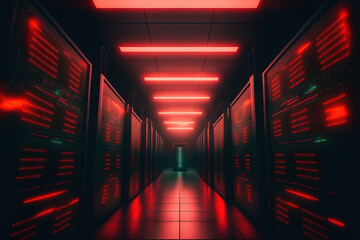 Panoramic View of a Busy Data Center with Rows of Rack Servers. Computers are operating, and red emergency LED lights are blinking. Ambient darkness. Generative AI