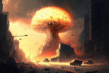 Digital painting of the city being struck by a nuclear weapon. Generative AI