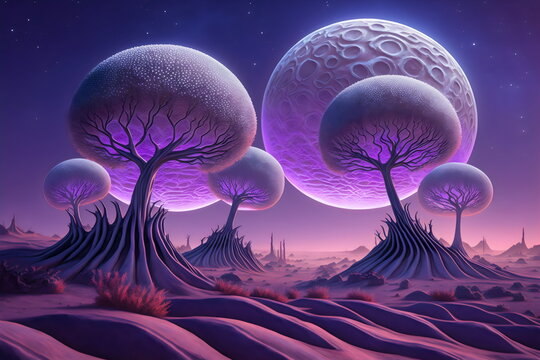 purple glowing alien trees on surface of a planet, generative ai