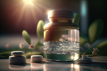 Glass bottles of serum with collagen, peptides on nature, sunset background. Skincare for beautiful, healthy skin. Vitamin C or essential oil. Generative AI. - obrazy, fototapety, plakaty