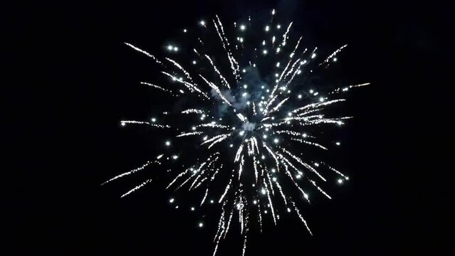 Burst of bright colorful part fireworks on black background to create a set salute on video for holiday new year, birthday, wedding or other celebration.