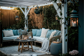 Fototapeta premium a boho and cozy backyard entertaining area under a white wooden pergola on concrete with touches of rattan, AI assisted finalized in Photoshop by me