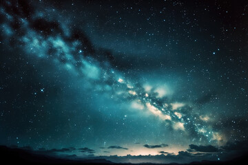 Fototapeta na wymiar Panorama blue night sky milky way and star on dark background.Universe filled with stars, nebula and galaxy with noise and grain.Photo by long exposure and select white balance. Generative AI