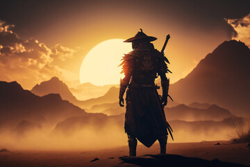 Fototapeta na wymiar AI Generative Samurai from the East at the Sunrise