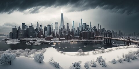 winter snowstorm hits City. River frozen. Aerial view of the city. Generative AI