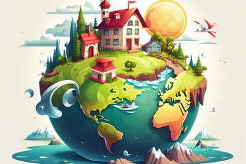 Background of the Earth Planet with a House and Nature Cartoon representation of the earth's world globe with features of its environment and architecture, including a house, city, mountains, volcano