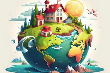 Naklejka premium Background of the Earth Planet with a House and Nature Cartoon representation of the earth's world globe with features of its environment and architecture, including a house, city, mountains, volcano